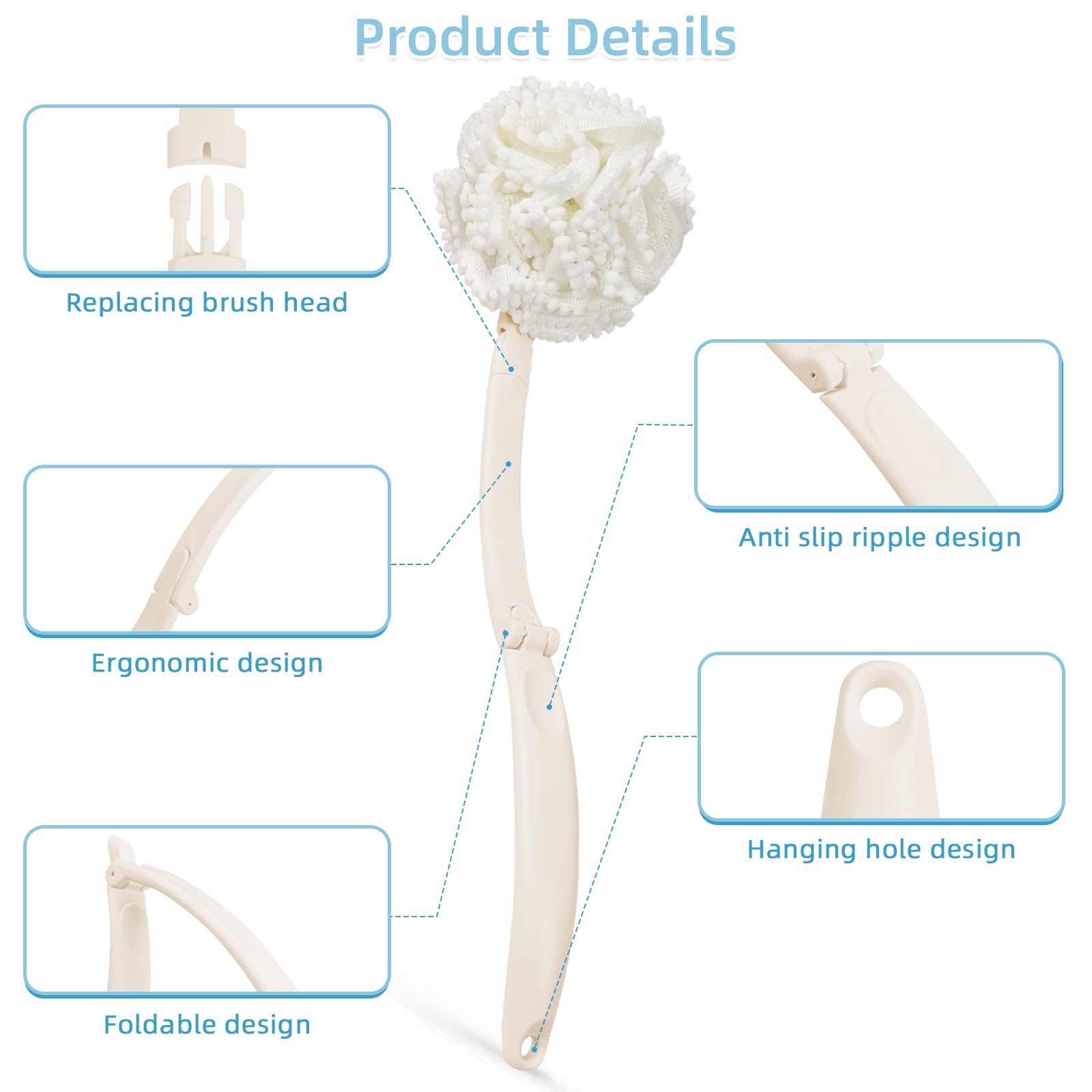 Topfinder Back Scrubber for Shower Cream Applicators for Back Loofah on a Stick Bath Brush Long Handle Sponge Puff (White) - Image 3