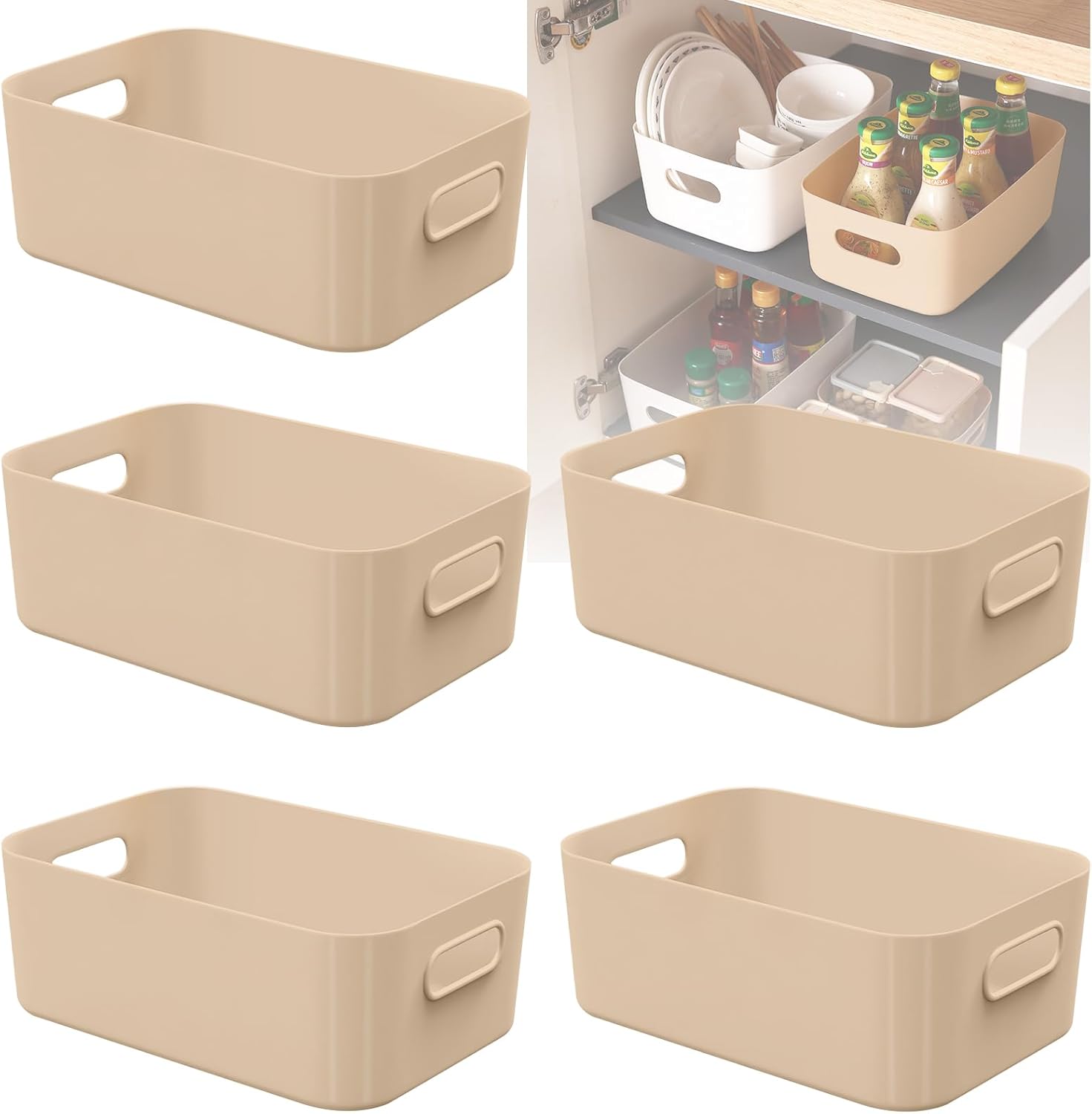 W&H 5 PCS Beige Plastic Storage Boxes, Small Open Storage Boxes with