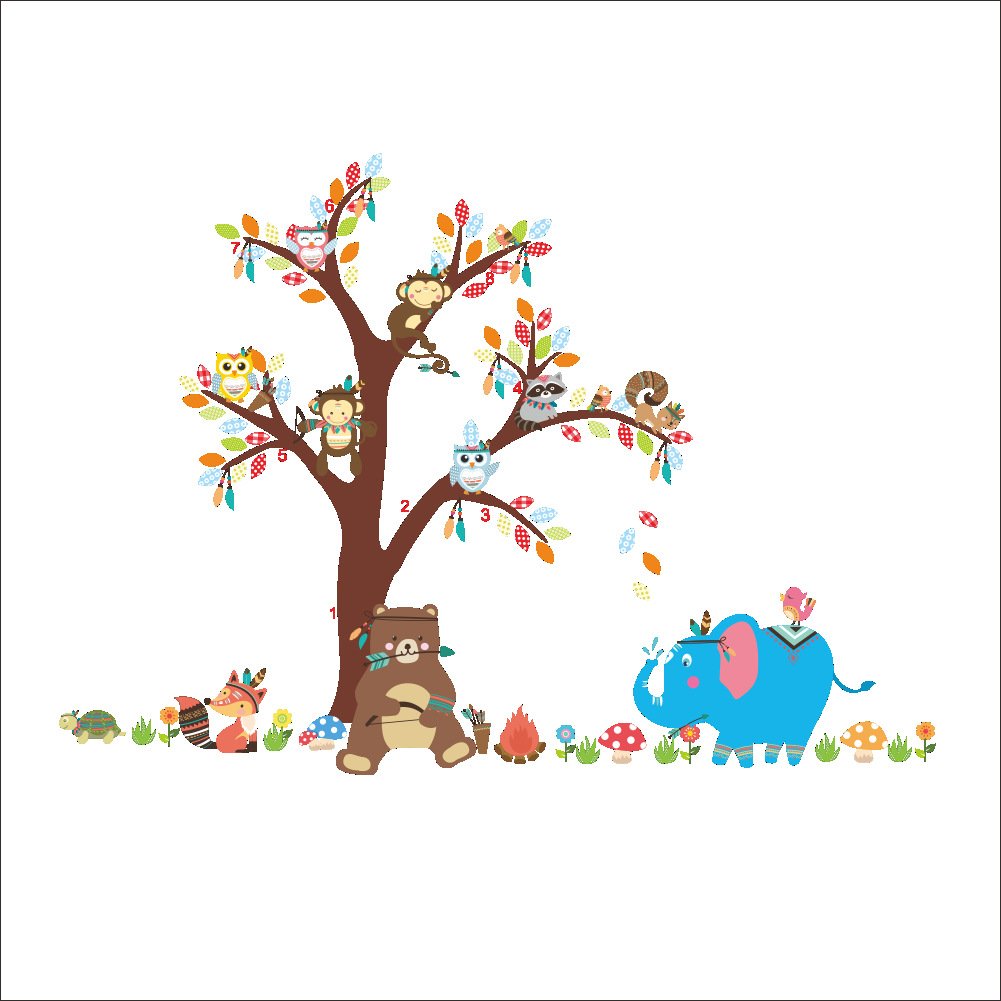 LiveGallery Cartoon Animals Wall Decals - Removable Tree With Owls, Monkey, Elephant, Giraffe Stickers