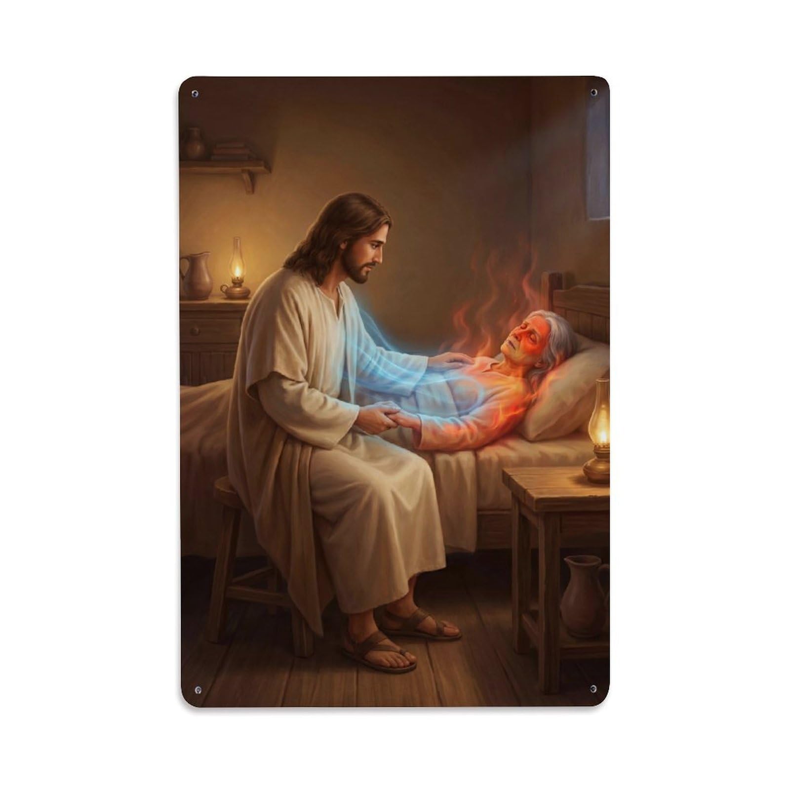 Jesus Healing Peter Mother In Law Bible Miracle Gospel Metal Tin Sign Plaque Wall Decor for Cafe, Man Cave, Club Bar, Office, Home Garden Round Metal Poster 8x12Inch