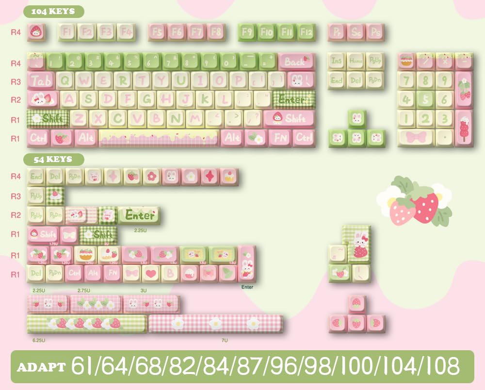 Lot de 158 touches PBT sur le thème des fraises et des lapins MDA - Convient pour les interrupteurs Cherry MX 61/87/104/108 et autres claviers mécaniques (fraise)