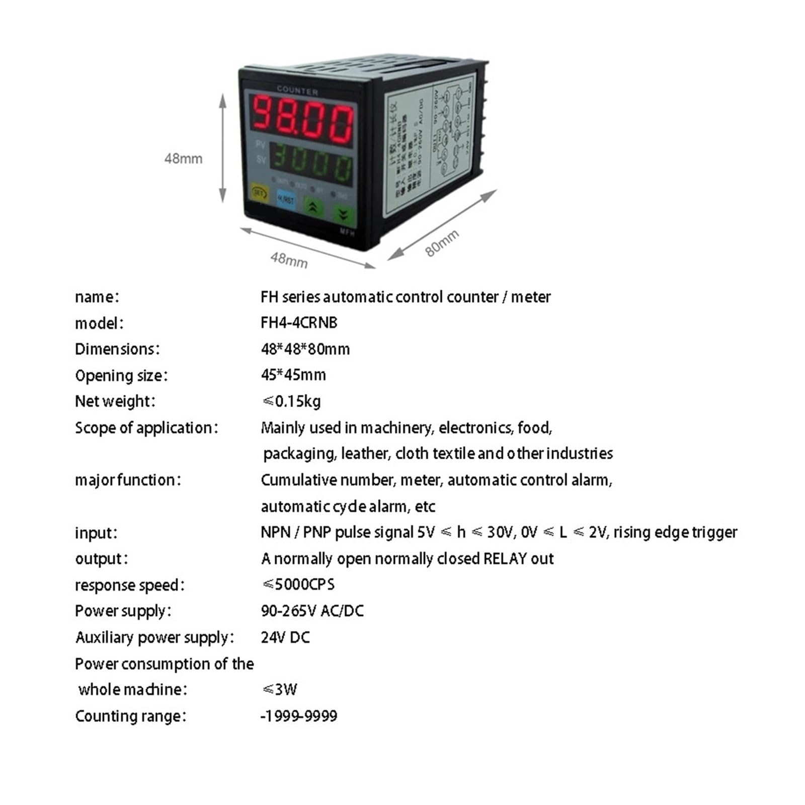 Medidor de longitud del contador de longitud de 4 contadores digitales, salida de relé preestablecida multifuncional de 90-260 V CA/CC