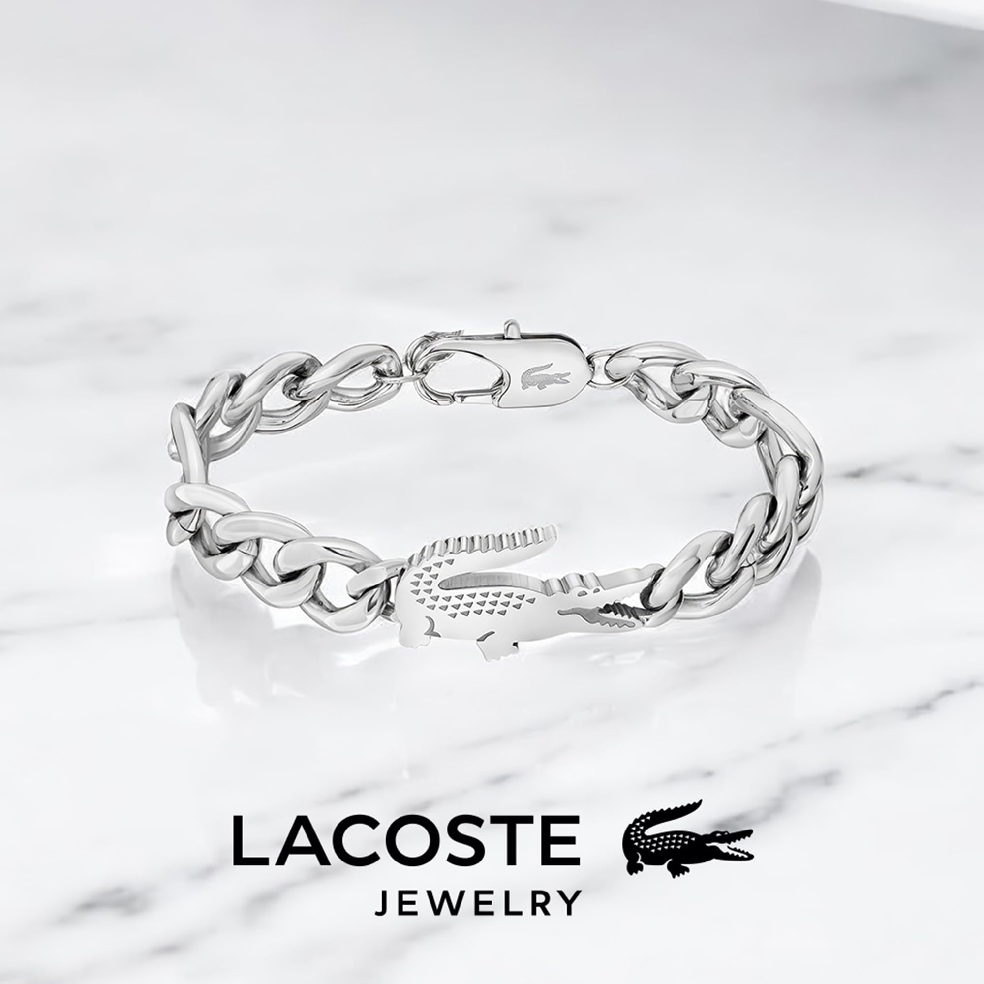 Lacoste Bracelet en Chaîne Pour Homme et Femme Collection CROCODILE en Acier Inoxydable avec un Charm en forme de Crocodile - Disponible en Version Or ou Argent