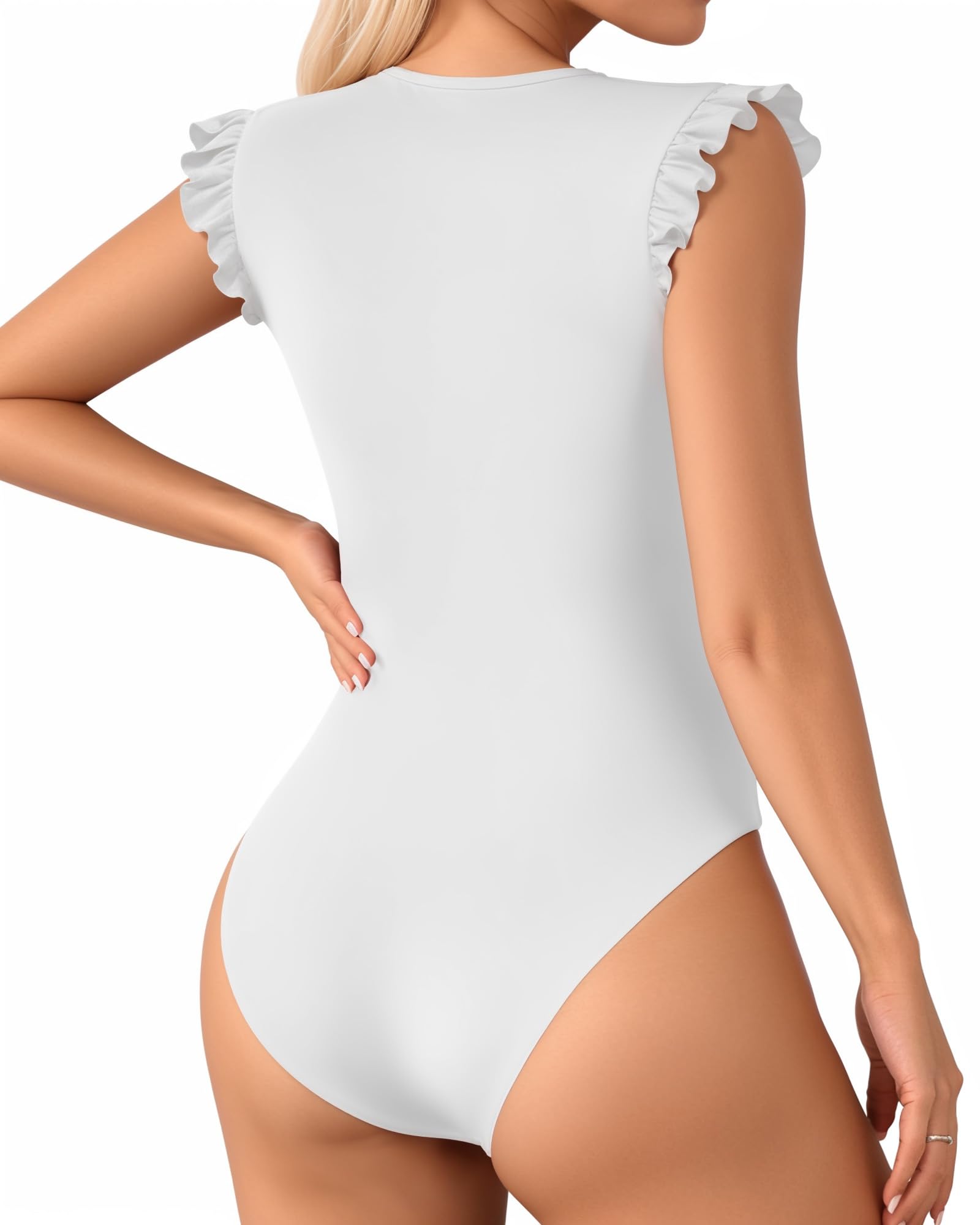 MANGOPOP Women's Body Suits Cute Crew Neck Ruffle Sleeveless Slim Fit Bodysuit Tank Tops Tight Casual Sexy: 02 White X-Small