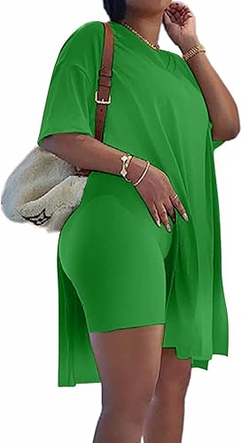 Conjunto de 2 piezas de talla grande para mujer cuello en V camiseta con abertura lateral pantalones cortos con control de abdomen