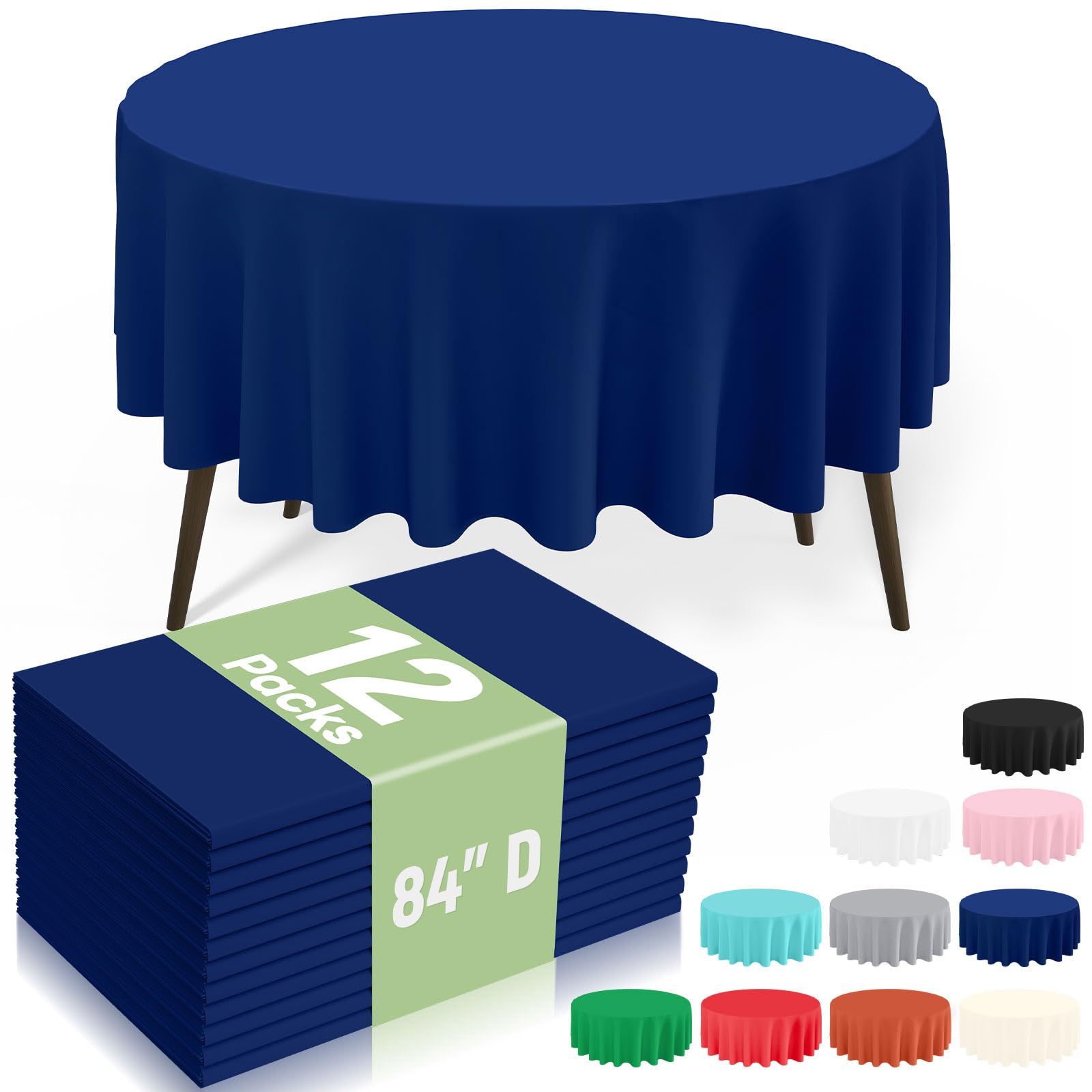 misaya 12 Packs Disposable Plastic Table Cloth, 84" Round Waterproof Tablecloth, Leakproof &amp; Sturdy Decorative Table Covers for Picnic, Party, Outdoor and Back to School, Navy