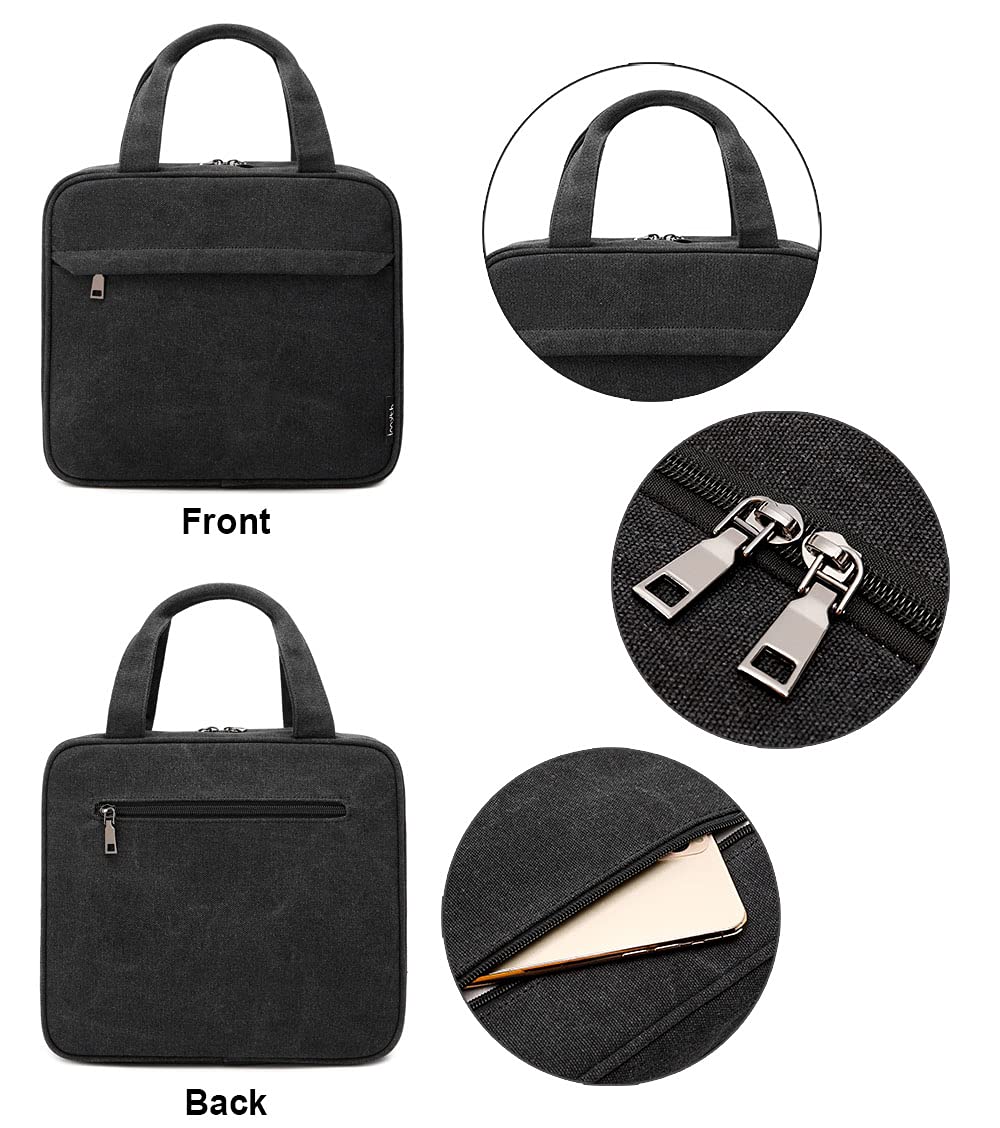 Imyth Reise-Kulturbeutel für Damen, Segeltuch, zum Aufhängen, Make-up-Organizer mit 4 Fächern und 1 stabilen Haken, große Kapazität, Kosmetiktasche für Toilettenartikel in voller Größe, Schwarz