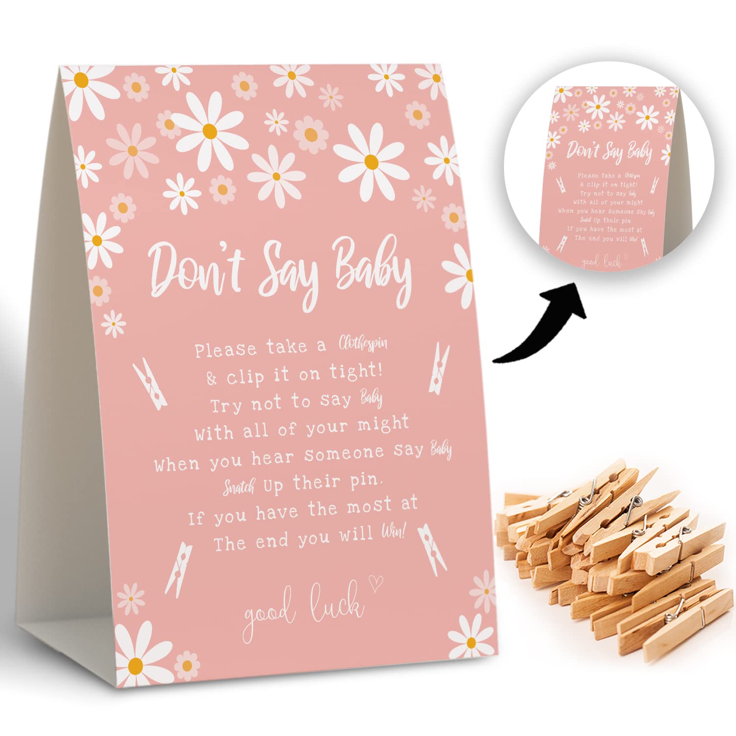 Don't Say Baby Clothespin Game ? Daisy Baby Shower Games (Pack of 1 Sign and 50 Mini Clothespins) ? Baby Shower Decorations ? Baby Shower Game Gender Neutral ? Party Favors Supplies