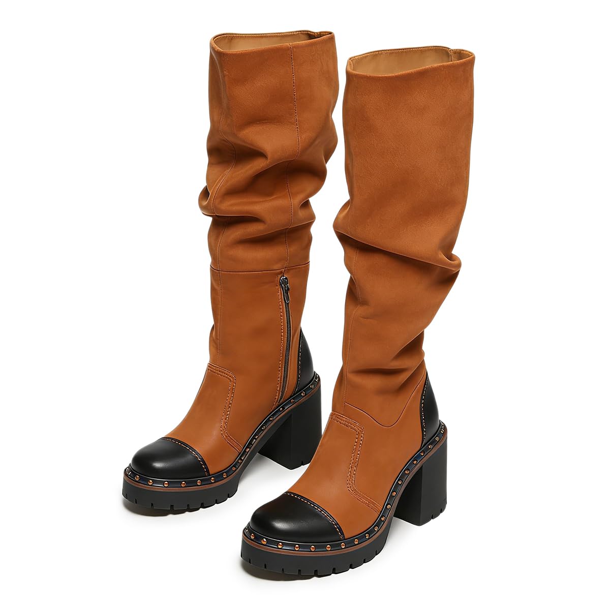 YDN Womens Slouchy Knee High Boots Contrast Cap Toe Platform Block Heels with Studs Side Zipper Winter Daily