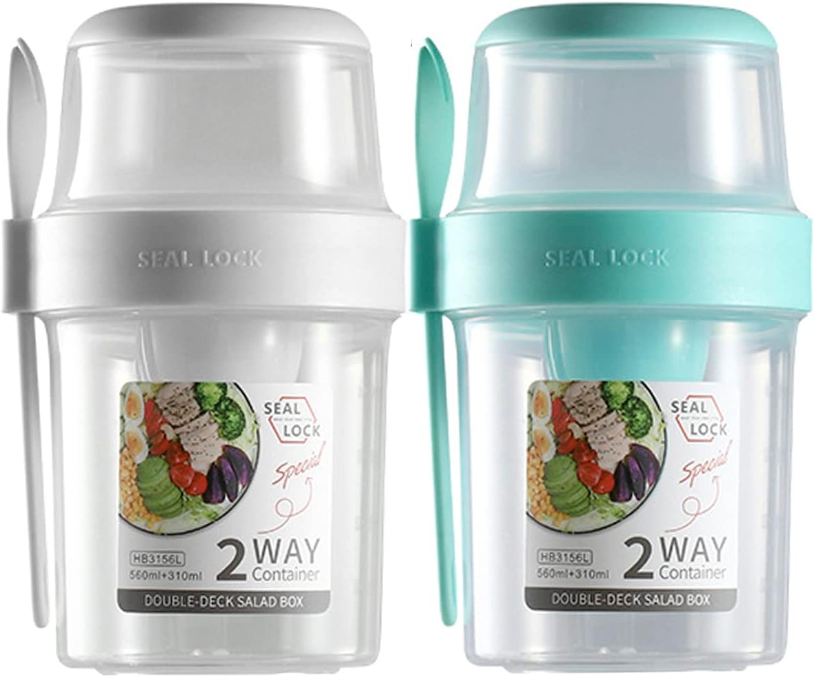 2pcs Reusable Overnight Oat Container with Lid Spoon,2-Tier BPA Free Breakfast Pots to Go,Yoghurt Pots Cereal On The Go Overnight Oats Jars Oatmeal Container Yogurt Pot for Fruit Salad Cereals