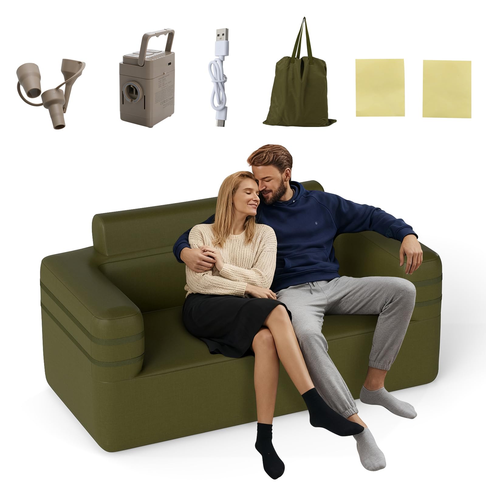 COSTWAY Inflatable Camping Couch, Portable Sofa Chair with Built-in Air Pump, Carry Bag and Storage Pocket, Indoor Outdoor Single/Double Air Sofa for Living Room, Camping, Picnic (176 x 84 x 81 cm)