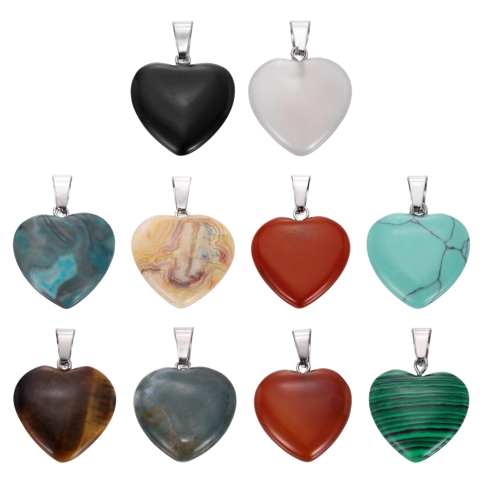 sourcing map 10 Pcs Heart Stone Pendants, 20mm Natural Crystal Valentine Love Heart Pendants Neutral 10 Colors Love Charm Worry Stones for Meditation Energy DIY Necklace Jewelry Making
