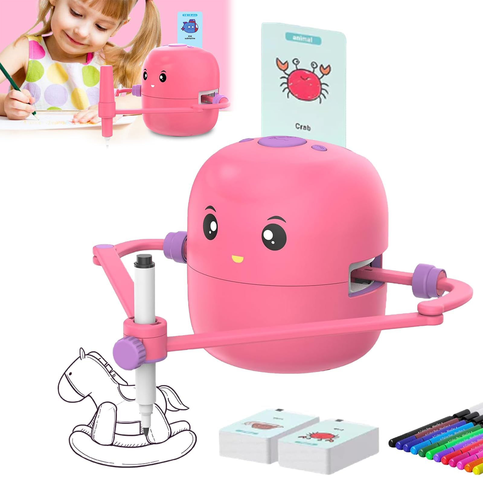 MiaoyakInteractive Educational Drawing Robot, with 100 Cards and 2 Pens, Voice Interactive Smart Drawing Robot For Kids Education