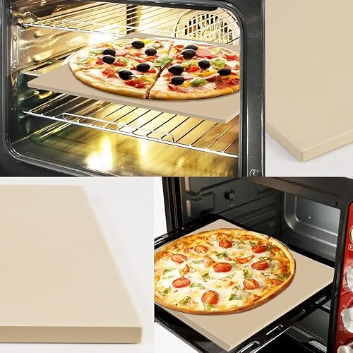 Miniatura 5 de homEdge Juego de piedras para pizza, piedra redonda resistente para hornear pan, pizza, piedra de cocción con paleta de bambú para horno y parrilla,