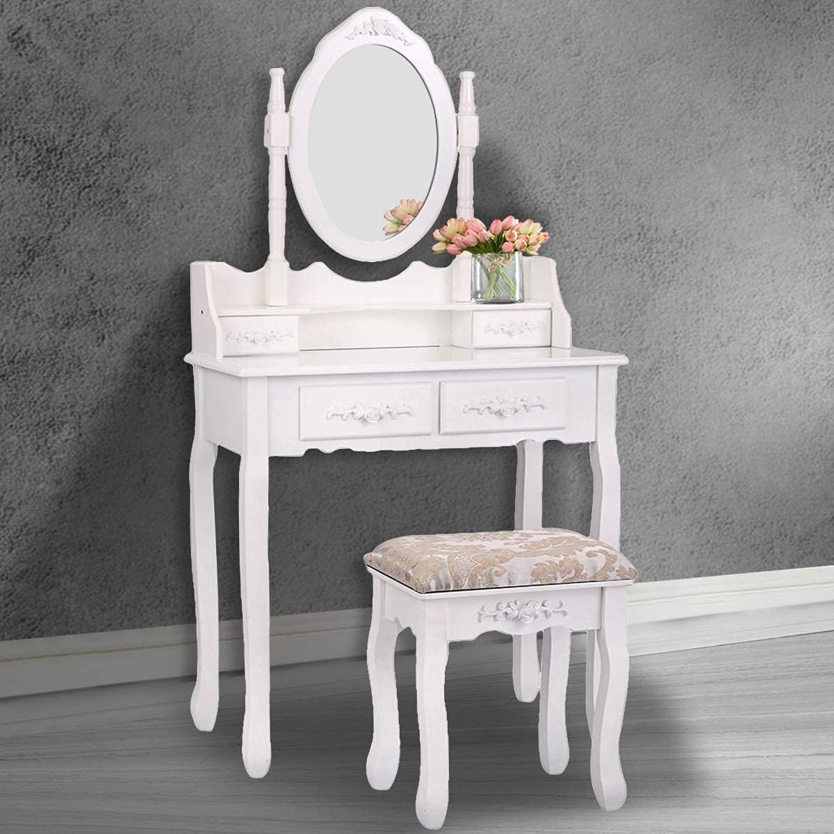 JAXPETY Vanity Table Set with Mirror and Cushioned Stool,Modern Makeup Dressing Table Vanity Set with 4 Drawers for Bedroom Living Room Home Hotel,White
