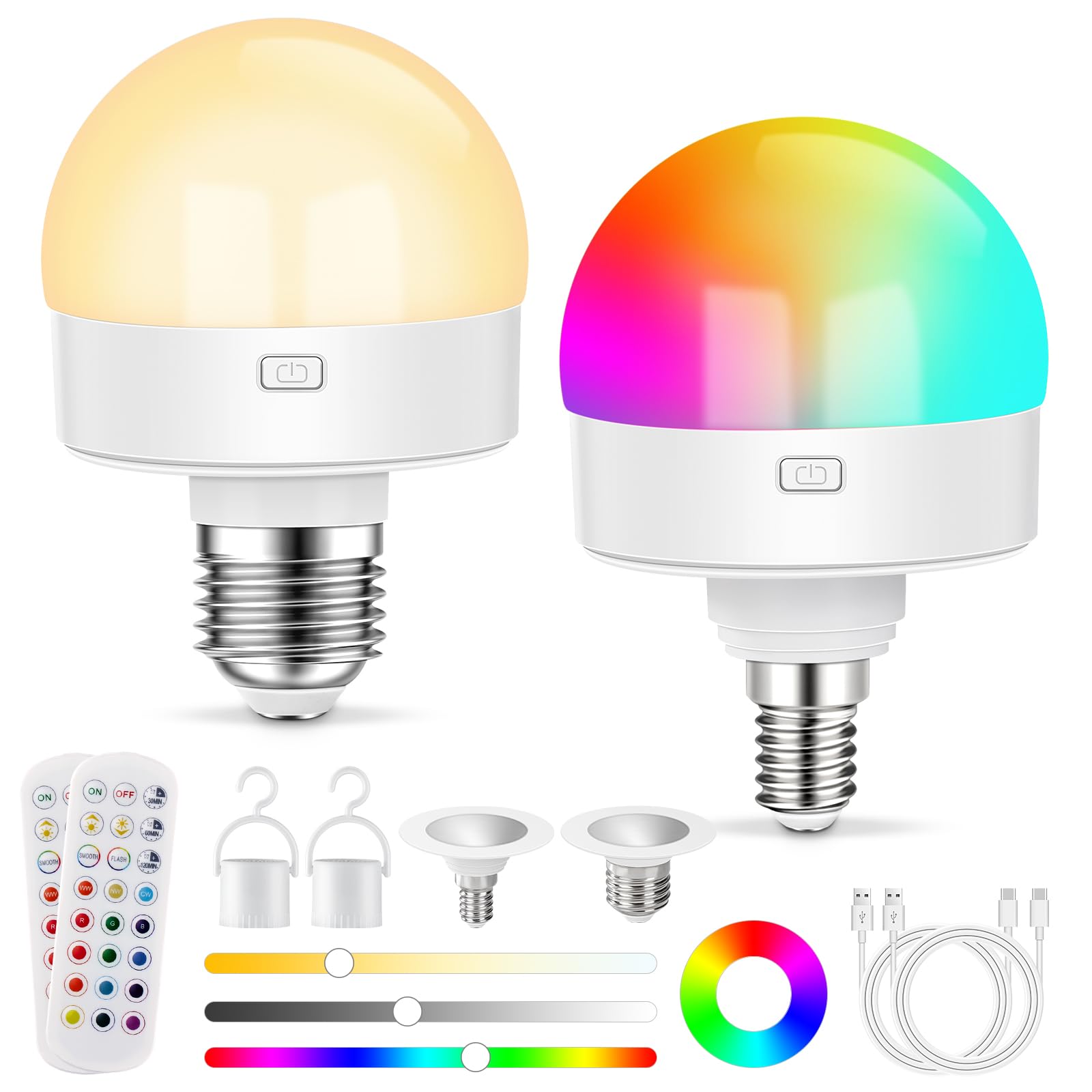 Aufladbare Glühbirne, Akku Glühbirne mit Fernbedienung, USB-C Wiederaufladbare Glühbirnen mit Batterie, 15 Farben Dimmbar, RGB LED Glühbirnen Mit Timing-Funktion, Outdoor Camping Notlicht Mit Haken