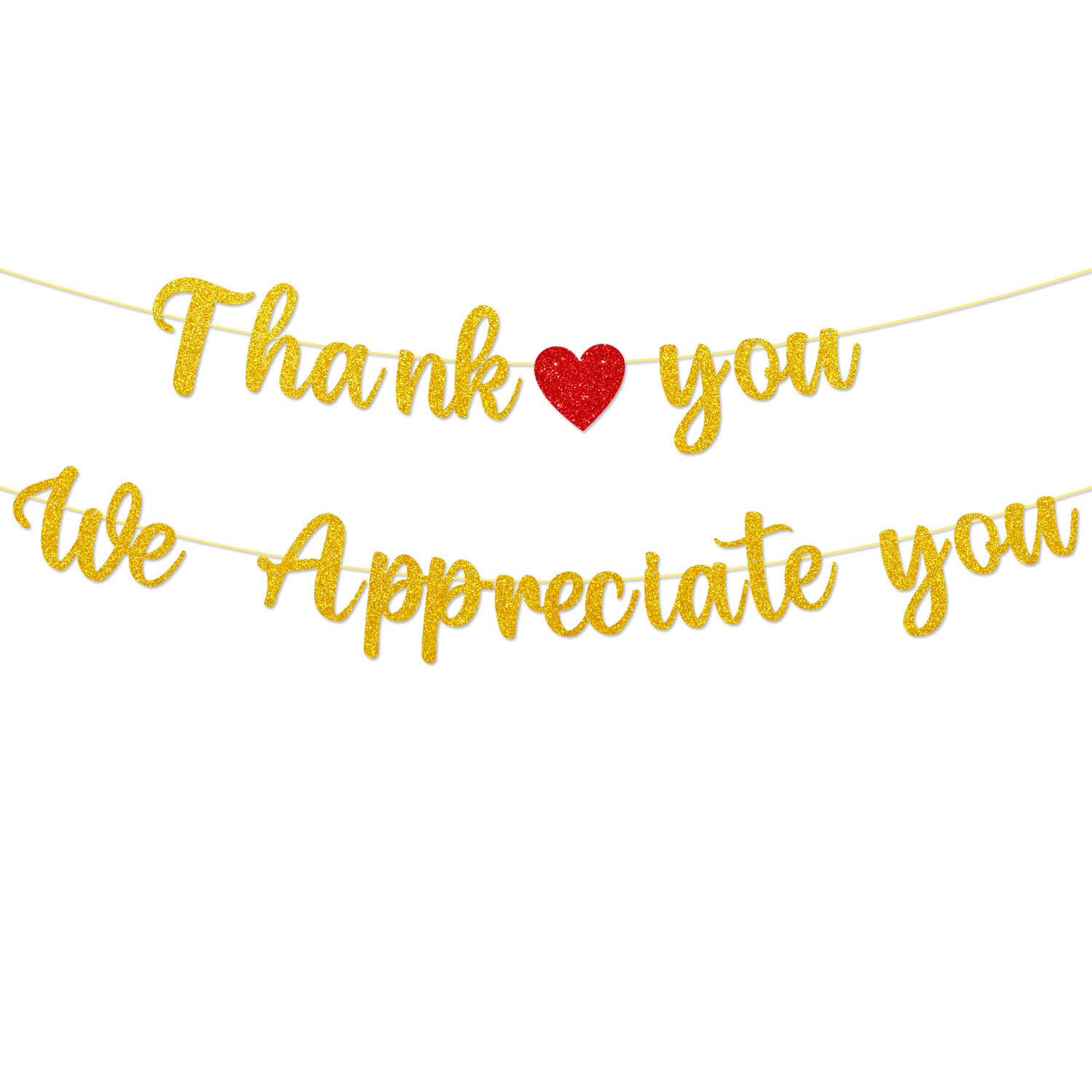 Elicola Thank You We Appreciate You Glitter Banner, Appreciation Banner, Shimmer Gold Cardstock Thank You Sign for Teachers, Doctors, Coworker, Hangs on Wall, Ceiling for Party