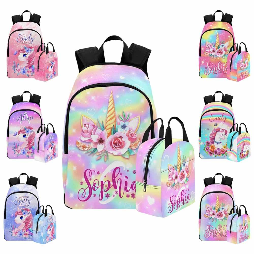 Custom Girls Backpack with Lunch Box Rainbow Pattern Customized Bookbag Lunch Bag Set 2 in 1 Backpack Set with Name Personalized Shoulder Bag Casual