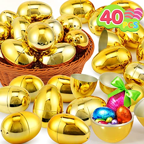 40Pcs Golden Easter Eggs Fillable Large Gold Easter Eggs Bulk Plastic Easter Eggs Empty for Easter Treats Fillers Easter Basket Stuffers Eggs Hunt Supplies Classroom Prize Easter Party Favors 3" Inch