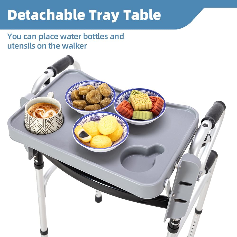 Folding Walker with Wheels - Adjustable Height, Lightweight Aluminum Alloy, Walker Tray and Storage Bag for Seniorsand Mobility Impaired Users