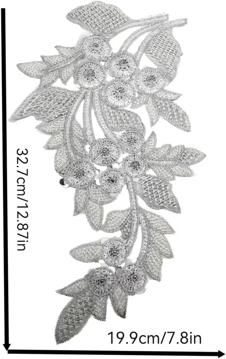 Lmlliang1pc 3D Flower Beaded Embroidered Lace Applique Sequin Beading Decoration Wedding Stickers Flowers Clothing Accessories Hair Hat Ornaments(Silver)
