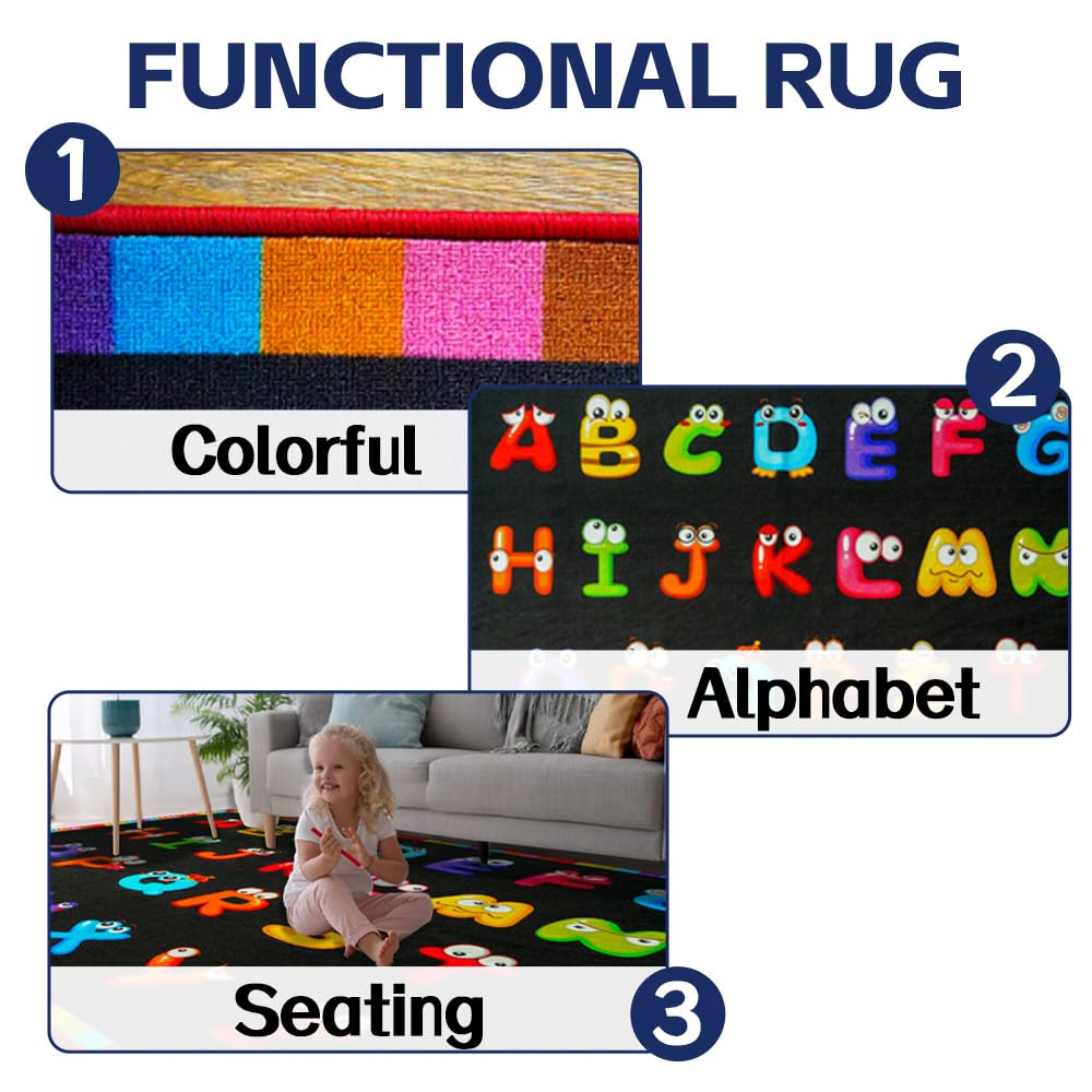 ABC Kinderteppich, ABC-Teppich für Kinderzimmer, 2,7 x 2,1 m, für Kindergarten, Kindertagesstätte, für Klassenzimmer, waschbar, Kinderteppich für Schule, Alphabet, pädagogischer Teppich für