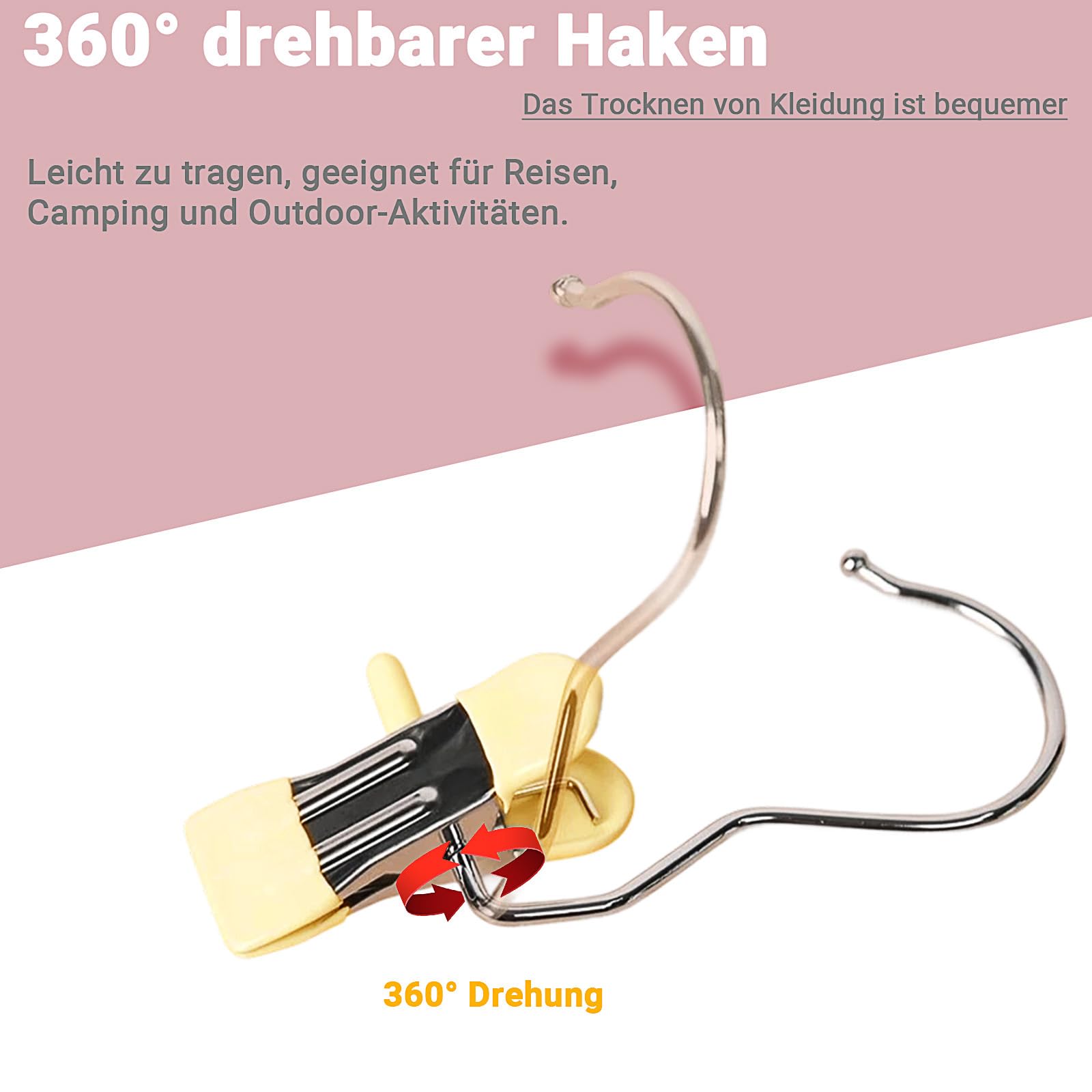 Washakenset, 20 stuks, roestvrij staal, washaken, antislip, kledinghangers, clip, 360° draaibare laarshouder, kledinghanger, clip, reizen, kledinghanger voor broeken, schoenen, mutsen, handdoek