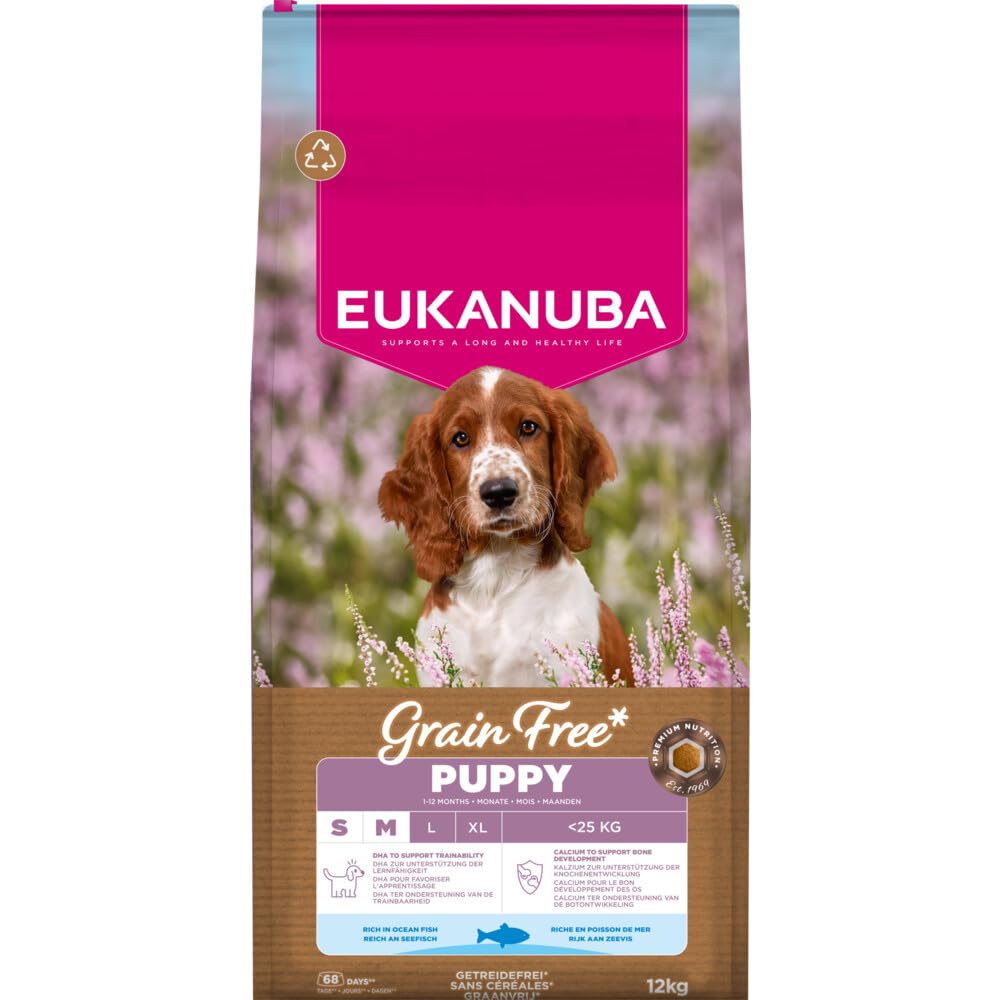Eukanuba Karma dla szczeniaków bez zbóż, z rybami dla małych i średnich ras, sucha karma premium bez zbóż dla juniorów, 12 kg