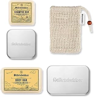 NEW: Störtebekker Premium Shower Set Hair & Body | 2x Solid Shampoo & 2 x Solid Shower Gel Sandalwood for Men and Women | Including Soap Can & Sisal Bag | Vegan and Handmade