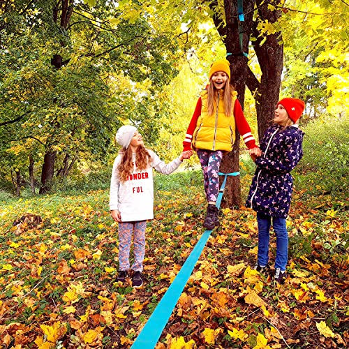 Slackline für Gleichgewichtstraining 50 ’mit Hochleistungs-Industrieratsche, Baumschutzband und Tragetasche - Slack Lines für den Garten - Ninja Slackline Support -Geschenkset für Kinder (Türkis)