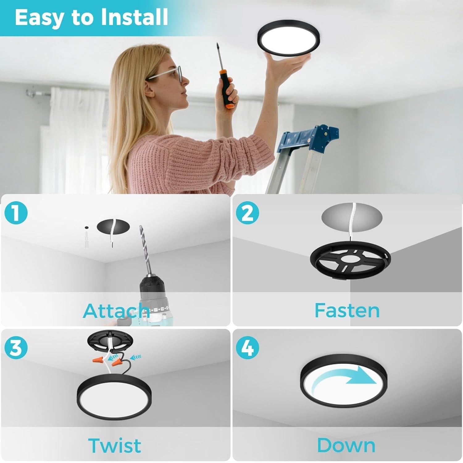 libtit 4Pack 7inch LED Flush Mount Ceiling Light, Dimmable & 5Color Temperatures (3000K-6500K), 15W Round Slim Black Light Fixture for Closet Hallway Kitchen Bathroom Laundry