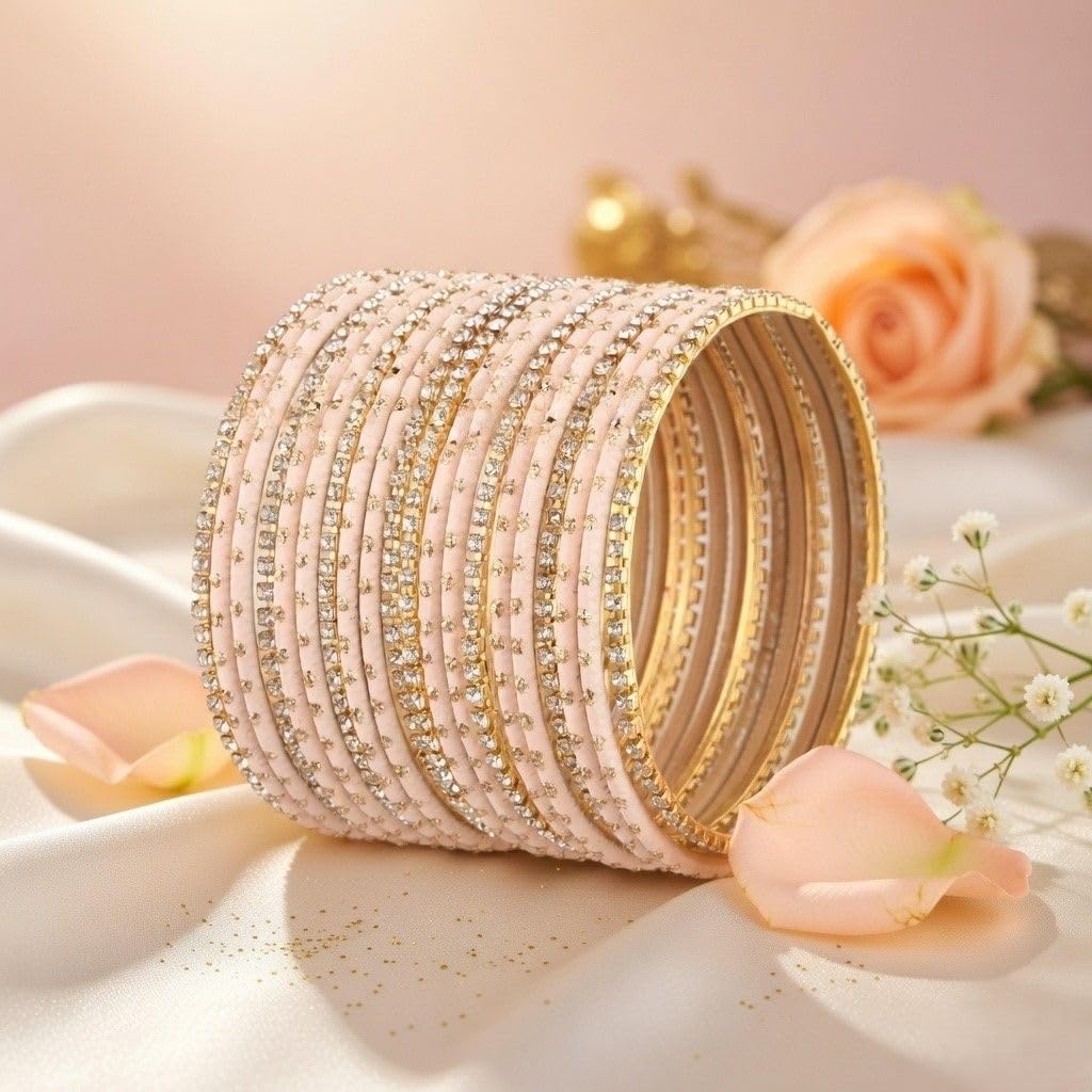 Efulgenz Indian Bangles Set - Wedding Bangles with Rhinestone CZ Plain Metal Bracelet for Women