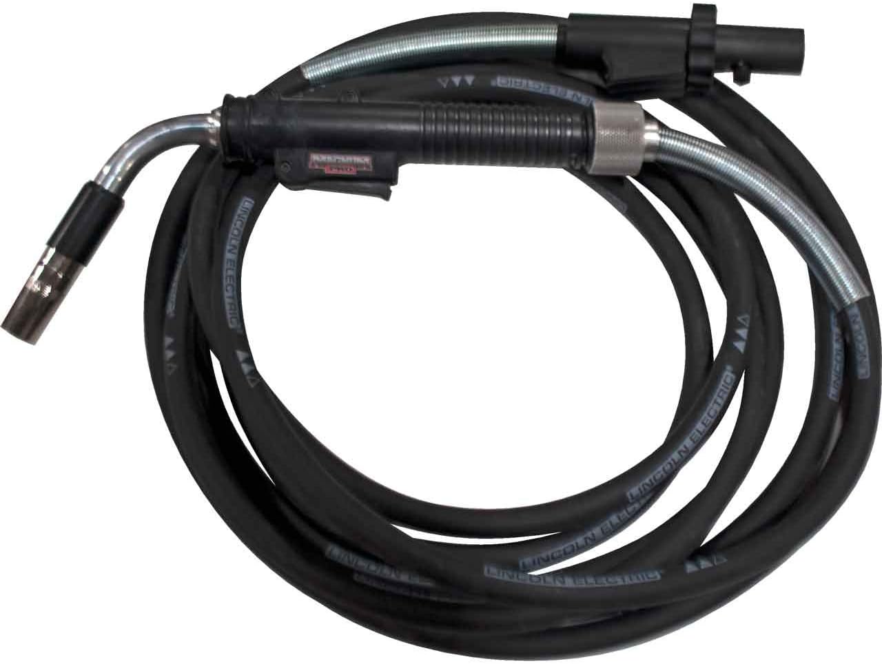 Full view of the Lincoln Electric Magnum PRO 250 Semiautomatic Welding Gun, coiled, showing the handle, cable, and gun head.