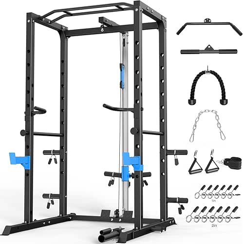 Power Cage, Multi-Functional Power Rack with J-Hooks, Dip Handles, Landmine
