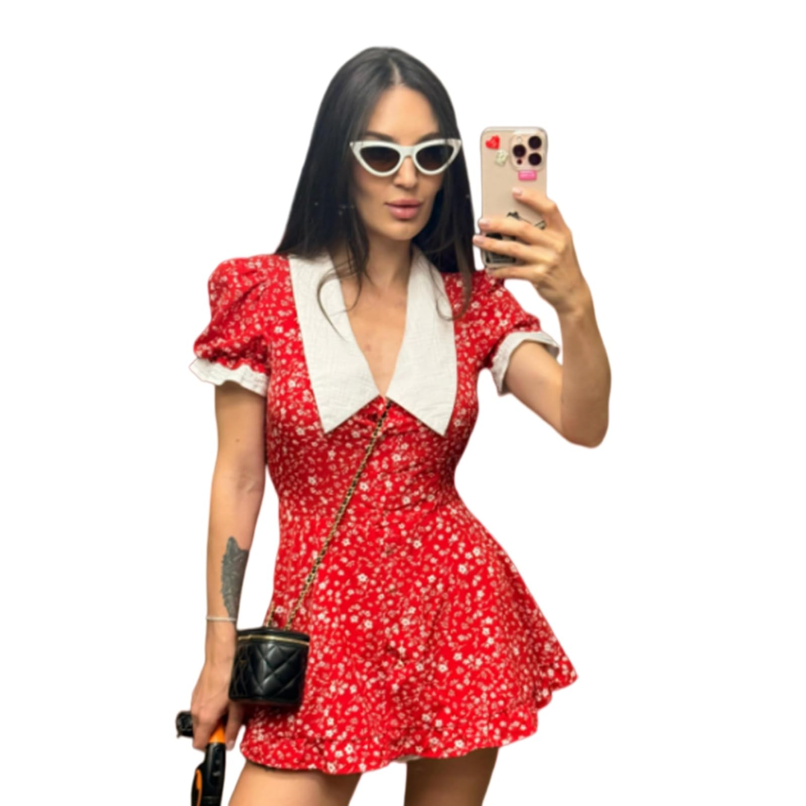 Robe courte fleurie avec fronces ajustables et manches bouffantes confort