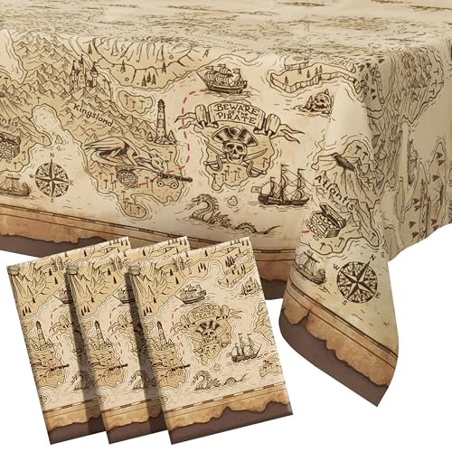 Pirate Tablecloth for Party Decor 3 Pcs – Disposable Rectangle Plastic Tablecloths with Pirate Ships & Vintage Map – Plastic Table Covers Set for Pirate Decor Accessories for Birthday & Pirate Party