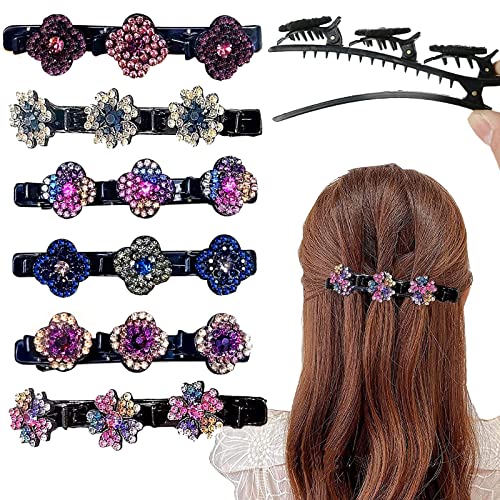 6PcsPinzas para el Pelo Trenzado con Diamantes De ImitacióN,Clover Glitter Rhinestone Hair Clip,Pinzas para Cabello Trenzadas con Piedra de Cristal Brillante,Pinzas de pelo Trenzado para Mujeres,Niñas Cover