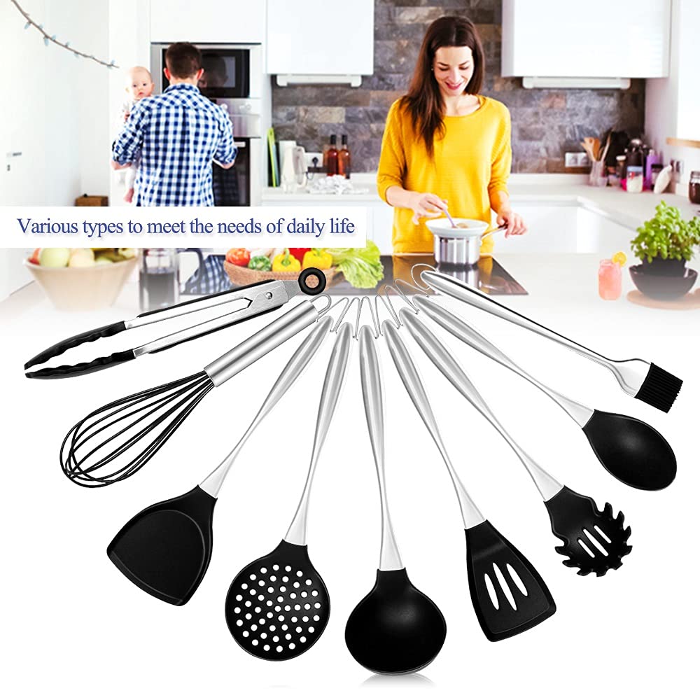 SKUZA Küchenutensilien-Set, Silikon-Spachtel-Küchengeschirr-Set, Edelstahlgriff, Küchenwender, Kochutensilien, Utensilien, Backwerkzeug-Kit, Löffel (Color : 9pcs) (Color : 8pcsb)