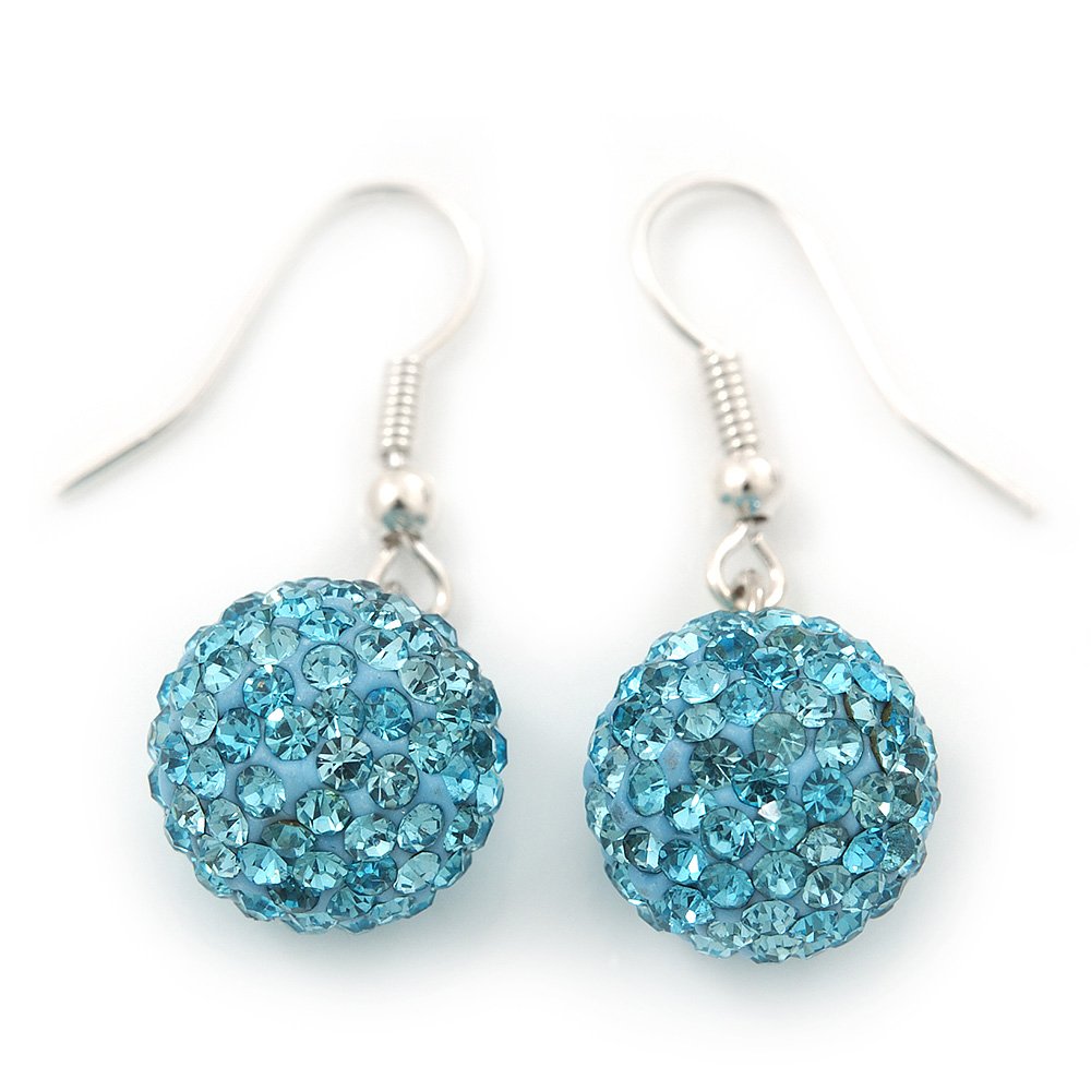 Light Blue Diamante Ball Drop Earrings In Silver Plated Finish - 12mm Diameter/ 3cm