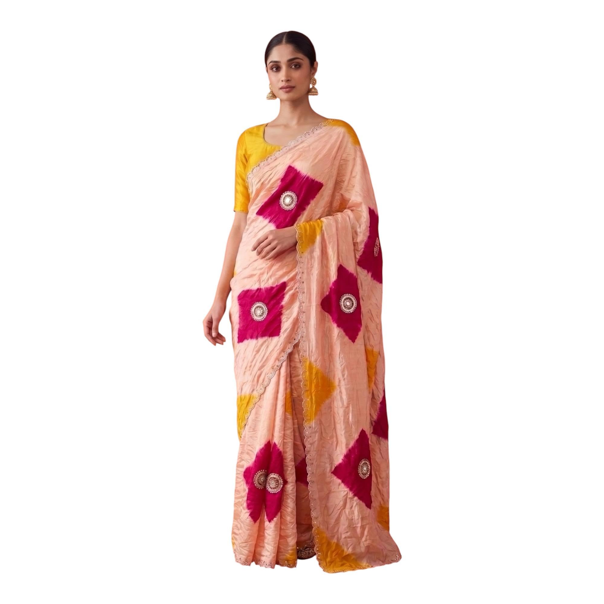 KAMBE Women’s Ho Silk Saree with Hand Embroidered Patch Work & Patang Dye | Designer, Festive & Wedding Saree | Pink & Yellow-image-34