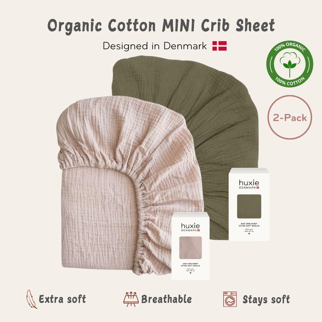 Mini-Bettlaken für Kinderbett, Bio-Baumwoll-Musselin, 61 x 96,5 cm, für Kinderbett zum Packen und Spielen, ultraweich und atmungsaktiv, für Jungen und Mädchen, 2 Stück, Blush/Salbeigrün