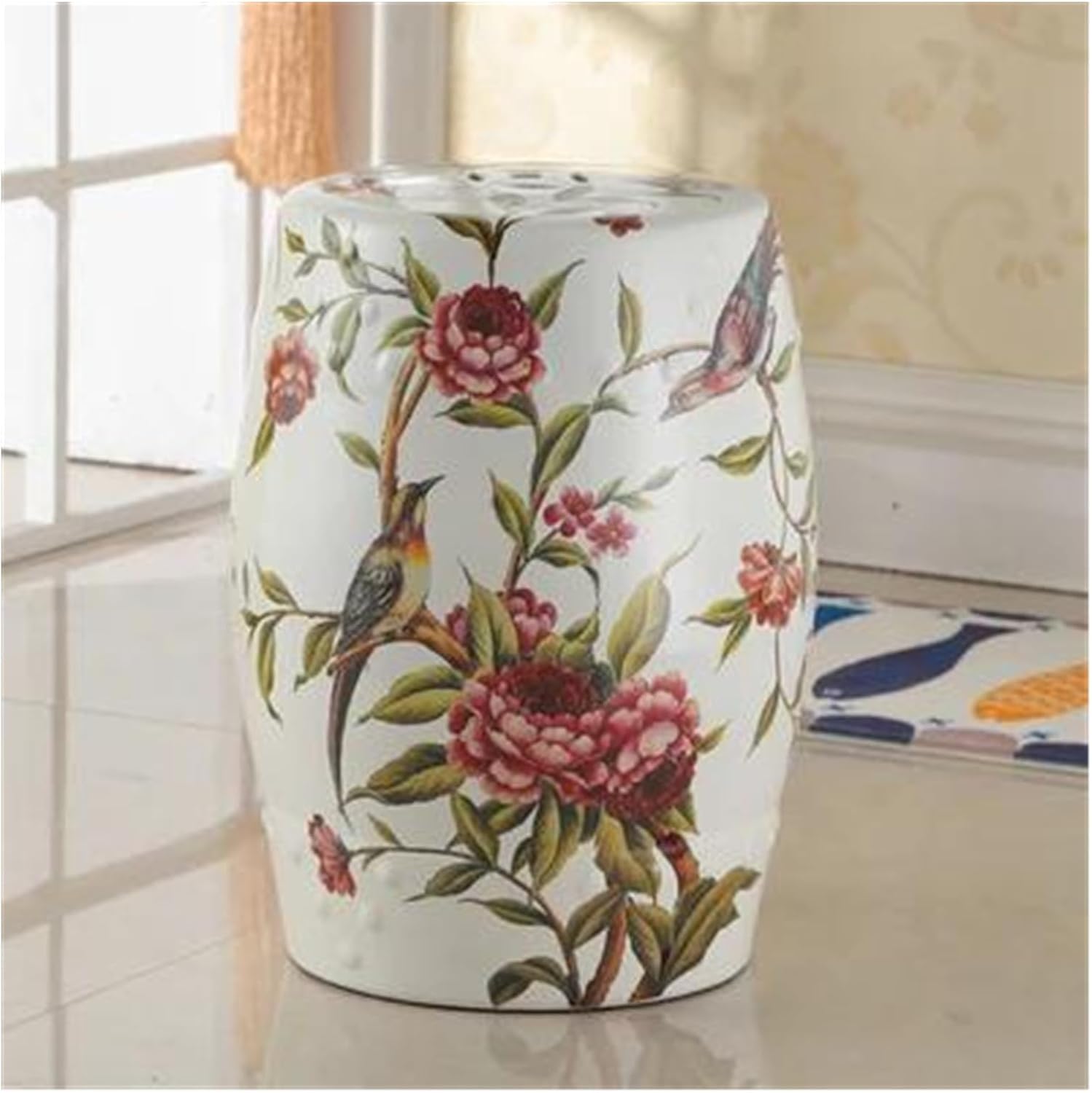 Decorative Garden Stools, Ceramic Stool Hand-painted Ancient Style Blue and White Peony Bird Round Stool Outdoor Balcony Porcelain Stool(4)