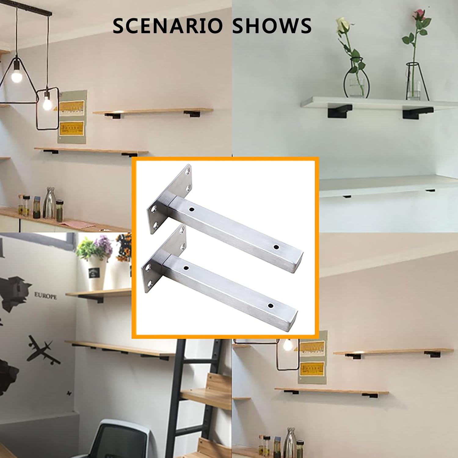 Floating Shelf Bracket,4 Pack Heavy Duty Metal Stainless Steel Wall Mount Shelf Bracket,Wall Mounted Industrial Shelves,Space Saving DIY Shelf Brackets