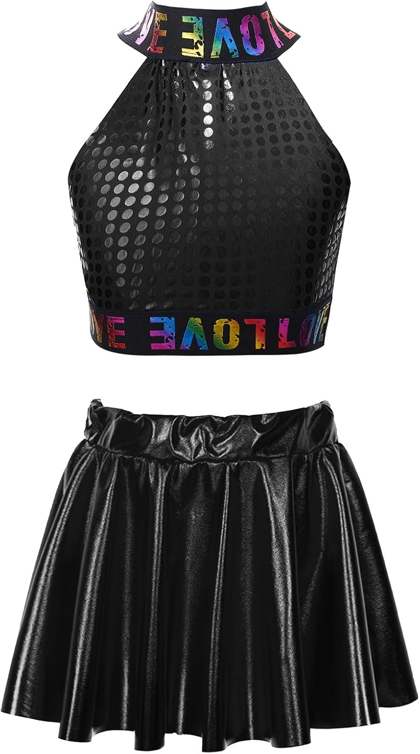 Tenue De Danse Brillante Pour Fille – Haut Court Et Short Métallisé Gymnastique Jazz