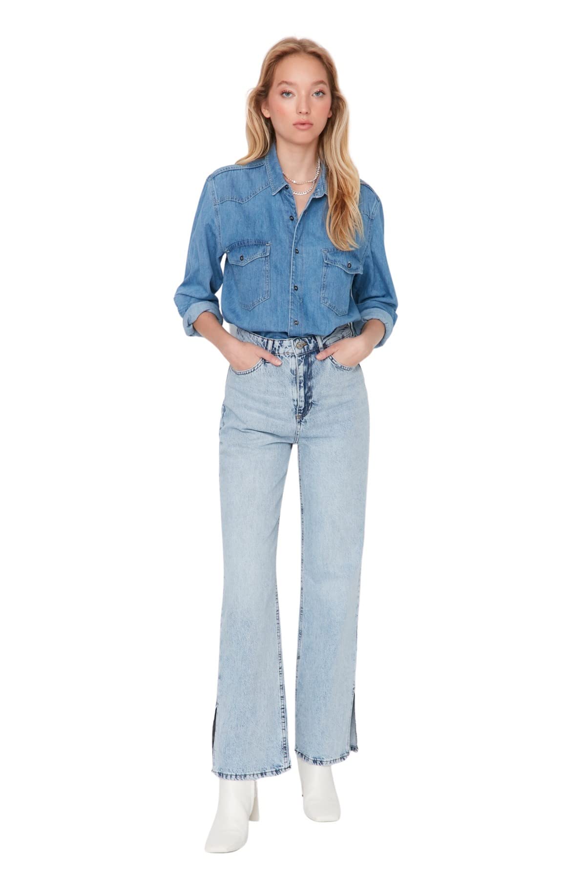 Trendyol Women High Waist Wide Leg Wide Leg Jeans Light Blue