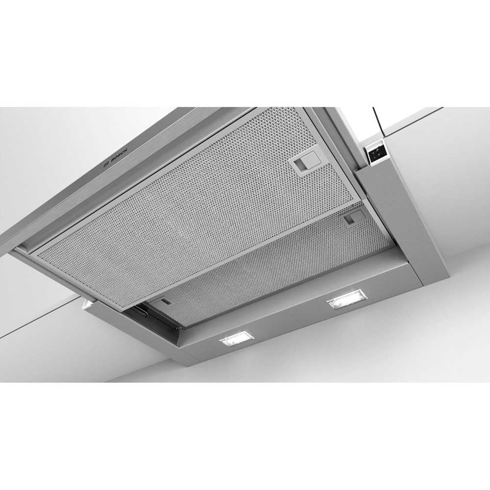 Bosch DFL063W56 Serie 2 Flachschirmhaube 60 cm Silbermetallic Umluft Abluft Wippenschalter 2 Leistungsstufen Metallfettfilter