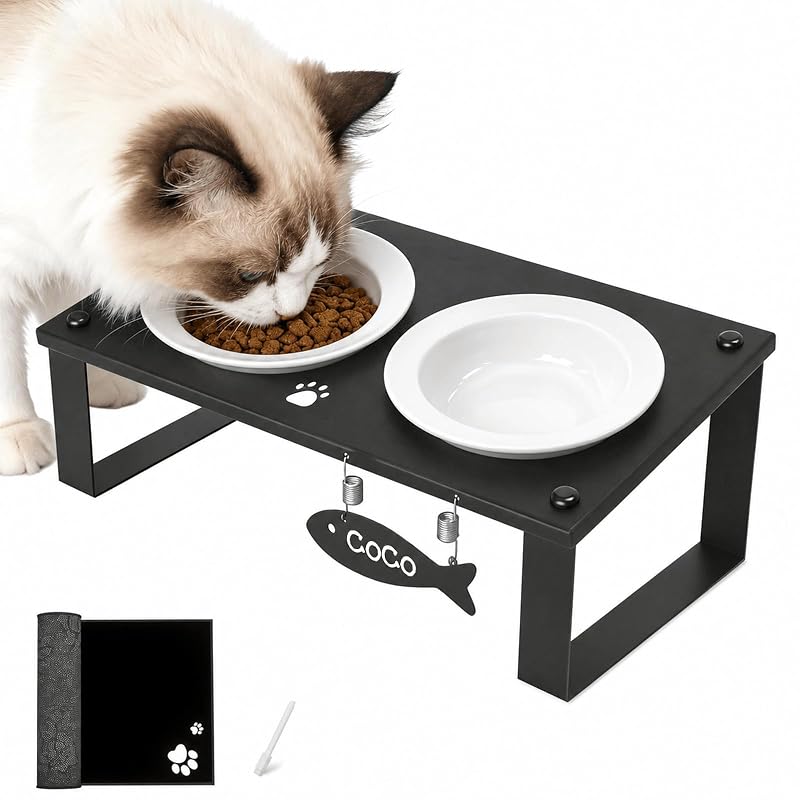 Pote elevado para gatos TIDANT com suporte inclinado, 2 tigelas de cerâmica e tapete, 400 mL