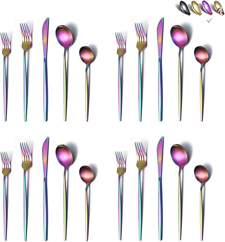 Juego de cubiertos de arcoíris mate, 40 piezas, juego de cubiertos coloridos de acero inoxidable, juego de cubiertos de arcoíris mate chapado en disponible en Yaxa Costa Rica