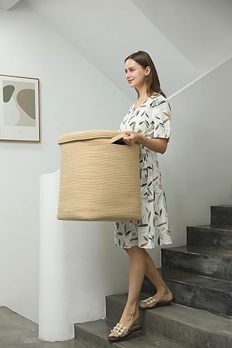 Miniatura 121 de Cesta de almacenamiento rectangular extragrande de 22 x 14 x 18 pulgadas con tapa, cesta de almacenamiento grande de cuerda de algodón, cesta