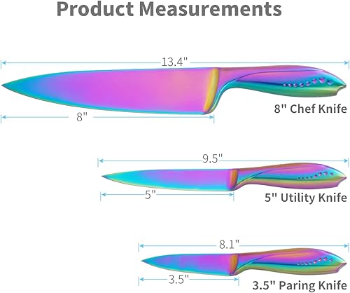 Miniatura 9 de Rainbow - Juego de cuchillos de cocina de 3 piezas, hoja de acero inoxidable alemán afilada con chef de 8 pulgadas, 5 pulgadas de utilidad, 3.5